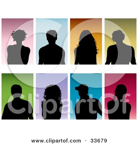 Clipart Illustation of a Set Of Eight Silhouetted Men And Women On Colorful Backgrounds by KJ Pargeter