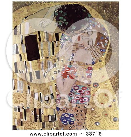 Clipart Illustration of an Abstract Couple Kissing And Embracing, Original Titled The Kiss By Gustav Klimt by JVPD