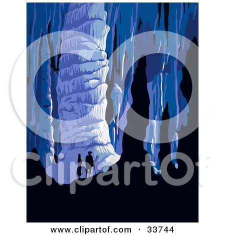 Clipart Illustration of a Silhouetted Couple Exploring An Underground Cave by JVPD