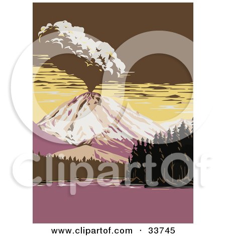 Clipart Illustration of a Volcano Exploding By Manzanita Lake In Lassen Volcanic National Park, California by JVPD