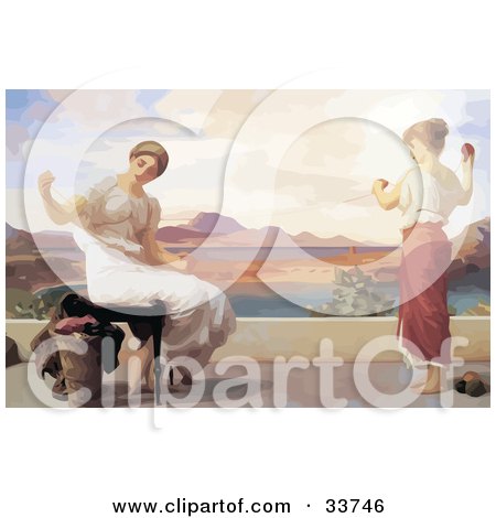 Clipart Illustration of a Woman And Child Winding Yarn Outdoors On A Patio, Original Titled Winding The Skein By Frederic Lord Leighton by JVPD