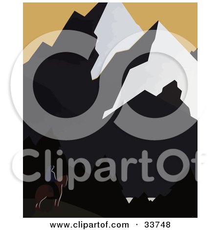 Clipart Illustration of a Silhouetted Cowboy On Horseback In The Shadow Of Montana Mountains by JVPD