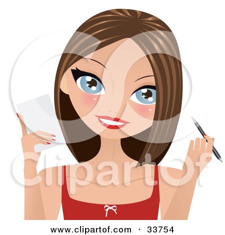 Clipart Illustration of a Pretty Brunette Caucasian Woman With Blue Eyes, Wearing A Red Tank Top, Smiling And Holding A Pen And Paper by Melisende Vector
