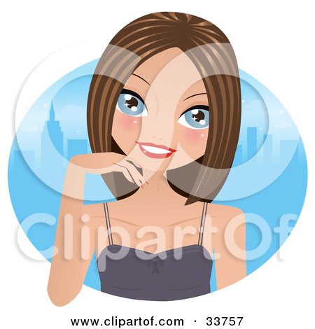 Clipart Illustration of a Pretty Brunette Caucasian Woman With Blue Eyes, Wearing A Tank Top, Touching Her Chin And Smiling In Front Of A Blue City Skyline by Melisende Vector