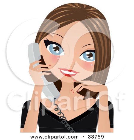 Clipart Illustration of a Pretty Brunette Caucasian Woman With Blue Eyes, Smiling And Talking On A Phone by Melisende Vector