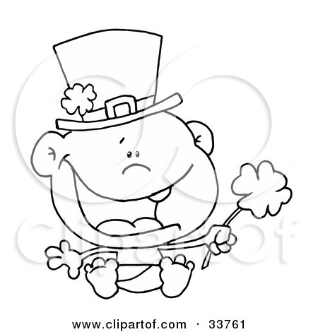 Clipart Illustration of a Black And White Outline Of A St Patrick's Day Baby In A Hat And Diaper, Holding A Clover by Hit Toon