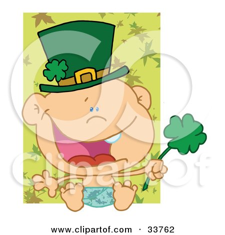 Clipart Illustration of a Baby St Patrick's Day Boy In A Hat And Diaper, Holding A Clover, With A Green Leaf Background On White by Hit Toon