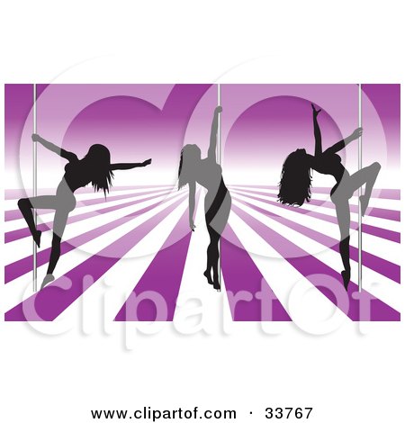 Clipart Illustration of Three Sexy Black Silhouetted Female Pole Dancers On A Purple And White Stage In A Strip Club by KJ Pargeter