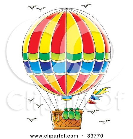 Clipart Illustration of Bags And A Ladder Hanging Out Of The Basket On A Hot Air Balloon, Birds Flying In The Sky by Alex Bannykh