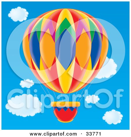 Clipart Illustration of a Colorful Diamond Patterned Hot Air Balloon In A Blue Cloudy Sky by Alex Bannykh