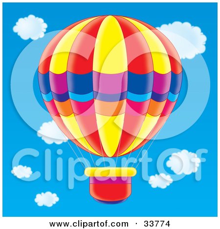 Clipart Illustration of a Colorful Red, Yellow, Blue, Purple, Pink, And Orange Hot Air Balloon by Alex Bannykh