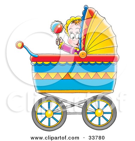 Clipart Illustration of a Happy Baby Playing With A Rattle In A Colorful Baby Carriage by Alex Bannykh