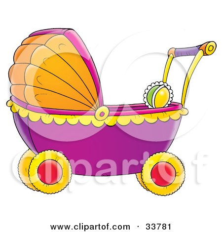 Clipart Illustration of a Rattle In A Purple, Orange And Yellow Baby Carriage by Alex Bannykh