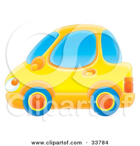 Clipart Illustration of a Yellow Compact Car With Blue Tires by Alex Bannykh