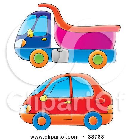 Clipart Illustration of a Blue And Pink Dump Truck And A Red Car by Alex Bannykh