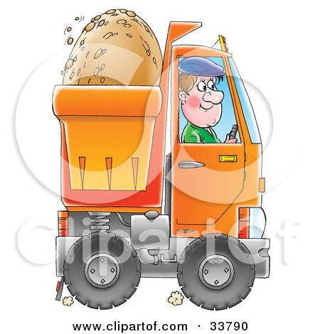 Clipart Illustration of a Happy Man Driving A Dump Truck With Dirt In The Back by Alex Bannykh