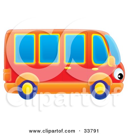 Clipart Illustration of a Red And Orange Bus With Eye Headlights by Alex Bannykh