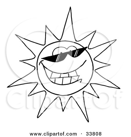 Clipart Illustration of a Black And White Outline Of A Cool Sun Character Wearing Shades And Smiling by Hit Toon