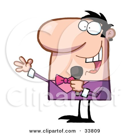Clipart Illustration of a Caucasian Man Dressed In A In Pink And Purple Tux, Hosting A Show And Talking Into A Microphone by Hit Toon