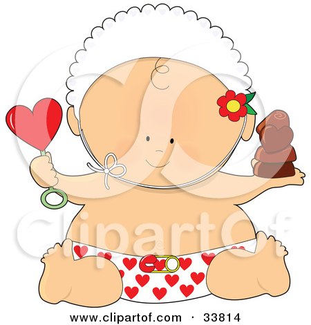 Clipart Illustration of a Cute Baby In A Bonnet And Heart Diaper, Holding Chocolates And A Heart Rattle On Valentines Day by Maria Bell