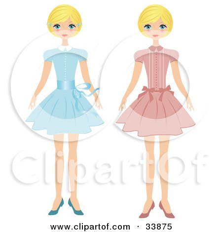Clipart Illustration of a Blond Girl Shown In Two Poses, Wearing A Blue Dress And Also A Pink Dress by Melisende Vector