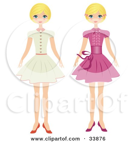 Clipart Illustration of a Blond Girl Shown In Two Poses, Wearing A Beige Dress And Also A Pink Dress by Melisende Vector
