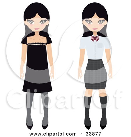 Clipart Illustration of a Pretty Black Haired Japanese Girl Shown Wearing A Black Dress And Then A School Uniform by Melisende Vector
