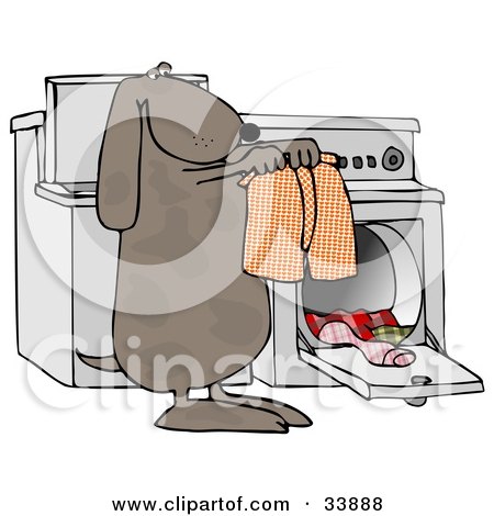 Clipart Illustration of a Spotted Brown Dog Pulling Warm Boxers Out Of A Dryer by djart