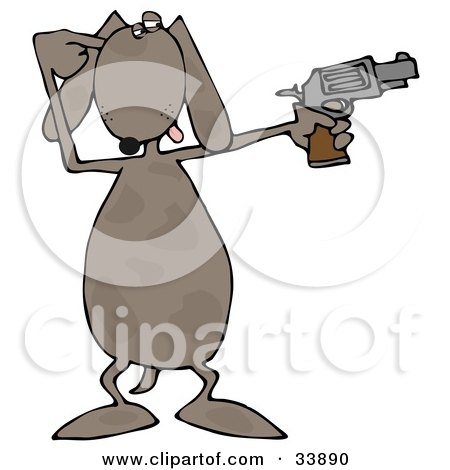 Clipart Illustration of a Frustrated Brown Spotted Dog Holding Up A Pistil by djart
