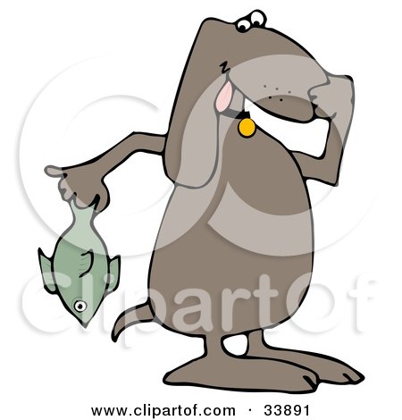 Clipart Illustration of a Brown Dog Holding A Stinky Dead Fish And Plugging  His Nose by djart #33891