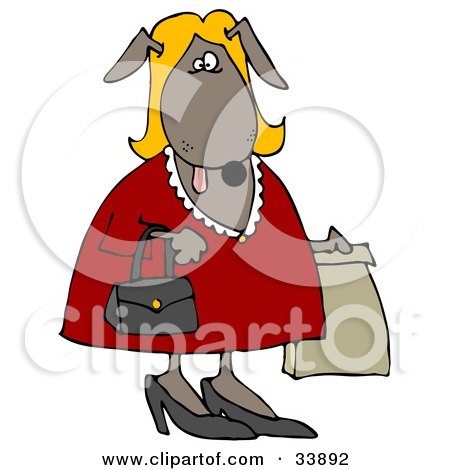 Clipart Illustration of a Blond Dog In A Red Dress, Carrying A Purse And A Bag While Shopping by djart