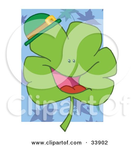 Clipart Illustration of a Cheerful Green Clover Wearing A Green Hat, Over A Blue Leaf And White Background by Hit Toon