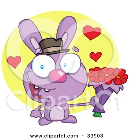 Clipart Illustration of a Romantic Purple Rabbit With Hearts, Smiling And Holding Out Flowers For His Date Over A Yellow Circle, On A White Background by Hit Toon