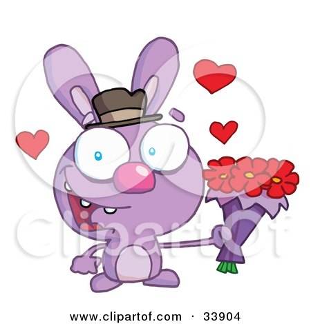 Clipart Illustration of a Romantic Purple Bunny With Hearts, Smiling And Holding Out Flowers For His Date, On A White Background by Hit Toon