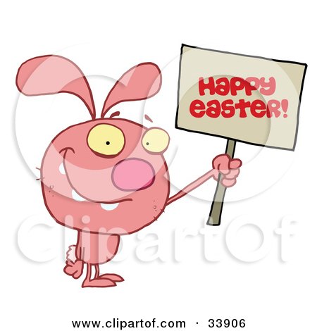 Clipart Illustration of a Grinning Pink Rabbit Holding Up A Happy Easter Greeting Sign, On A White Background by Hit Toon