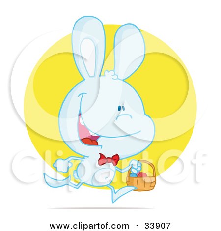 Clipart Illustration of a Happy Pale Blue Rabbit Running With Easter Eggs In A Basket, Over A Yellow Circle, On A White Background by Hit Toon