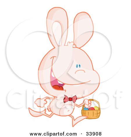 Clipart Illustration of a Happy Pale Pink Bunny Running With Easter Eggs In A Basket, On A White Background by Hit Toon
