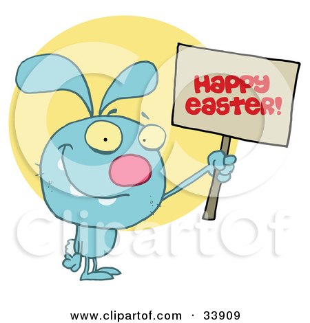 Clipart Illustration of a Blue Bunny Rabbit Holding Up A Happy Easter Greeting Sign, Over A Yellow Circle, On A White Background by Hit Toon
