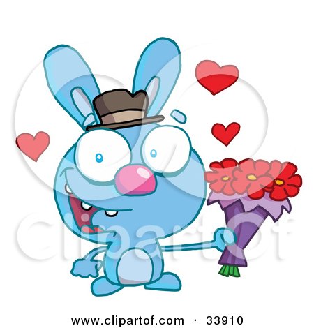 Clipart Illustration of a Romantic Blue Bunny With Hearts, Smiling And Holding Out Flowers For His Date, On A White Background by Hit Toon