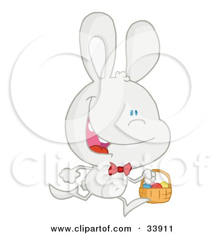 Clipart Illustration of a Happy White Rabbit Running With Easter Eggs In A Basket, On A White Background by Hit Toon