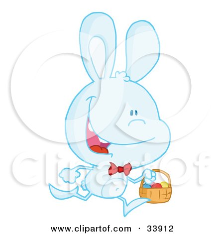Clipart Illustration of a Happy Pale Blue Bunny Running With Easter Eggs In A Basket, On A White Background by Hit Toon