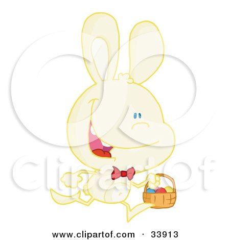 Clipart Illustration of a Happy Pale Yellow Bunny Running With Easter Eggs In A Basket, On A White Background by Hit Toon
