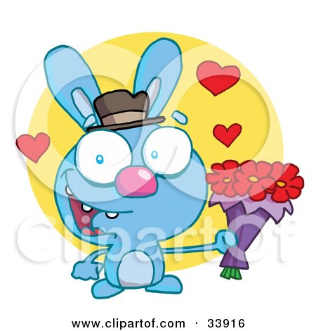 Clipart Illustration of a Romantic Blue Rabbit With Hearts, Smiling And Holding Out Flowers For His Date Over A Yellow Circle, On A White Background by Hit Toon