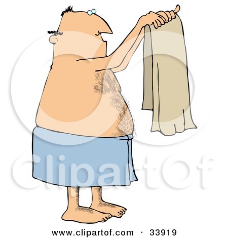Clipart Illustration of a Man With A Hairy Chest And Balding Head, Wrapped In A Blue Towel, Holding Up A Clean Beige Towel by djart