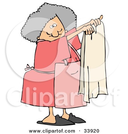 Clipart Illustration of a Gray Haired Lady In An Apron, Holding Up A Clean Beige Towel by djart