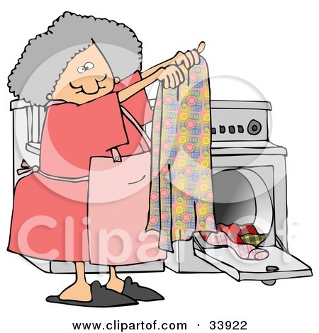 Clipart Illustration of a Gray Haired Woman Holding Up A Clean Towel In Front Of A Washer And Dryer While Doing Laundry by djart