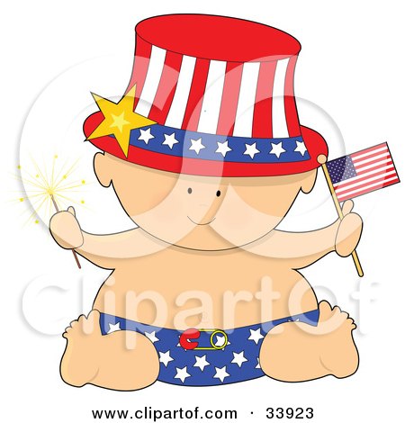 Clipart Illustration of a Baby In A Patriotic American Hat And Diaper, Holding A Sparkler And Flag On Independence Day by Maria Bell