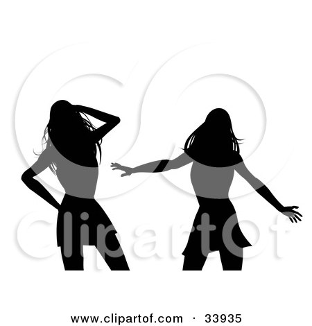 Clipart Illustration of Two Sexy Ladies Silhouetted In Black, Dancing Together In A Club, On A White Background by elaineitalia