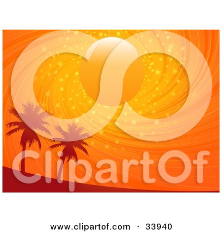 Clipart Illustration of a Sun In A Swirling Orange Sparkling Sunset Sky, Above Silhouetted Palm Trees by elaineitalia