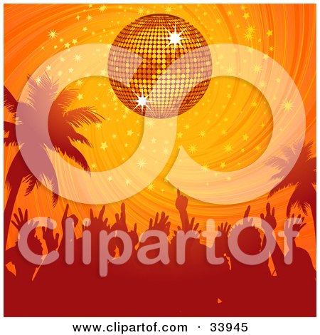 Clipart Illustration of a Dancing Crowd And Palm Trees Silhouetted Under An Orange Disco Ball In A Swirling Sunset Sky by elaineitalia